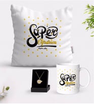BK Gift Kişiye Özel Süper Öğretmen Beyaz Kupa Yastık ve İsimli Papatya Kolye Hediye Seti-1 (Model 1)