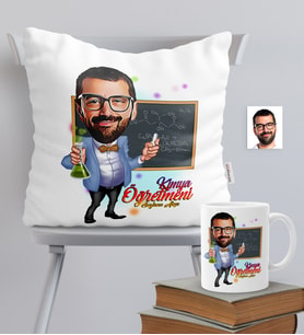 BK Gift Kişiye Özel Bay Kimya Öğretmeni Temalı Karikatürlü Yastık Kupa Seti - 1