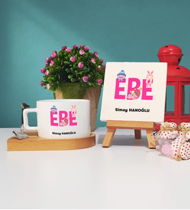 Ebe Tasarımlı Kişiye Özel Hediye Ebe Ahşap Altlıklı Fincan ve Dekoratif Taş Baskı Seti