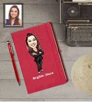 Kişiye Özel Patron Karikatürlü  Kırmızı Defter Kalem Hediye Seti Bayan-6