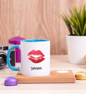 Dudak Tasarım Ahşap Altlıklı Mumlu Mavi Kupa Bardak