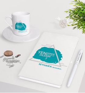 BK Gift Kişiye Özel Yeni İşinde Başarılar Dilerim Beyaz Defter Kalem Türk Kahvesi Fincanı Seti-1 (Model 1)