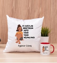 İyi Dostlar Biriktirdim Kare Yastık ve Kırmızı Kupa Bardak