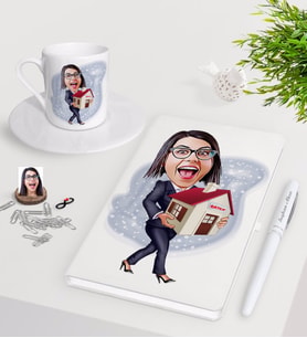 BK Gift Kişiye Özel Bayan Emlakçı Karikatürlü Beyaz Defter Kalem Türk Kahvesi Fincanı Seti-1 (Model 1)