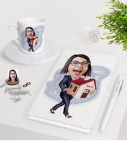 BK Gift Kişiye Özel Bayan Emlakçı Karikatürlü Beyaz Defter Kalem Türk Kahvesi Fincanı Seti-1 (Model 1)