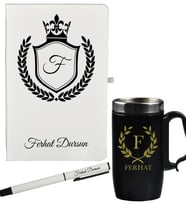 Kişiye Özel Tasarım Hediye Defter Kalem Ve Siyah Termos Mug Seti