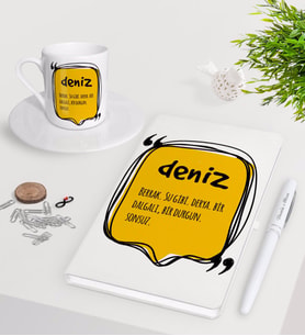 BK Gift Kişiye Özel İsim Anlamı Beyaz Defter Kalem Türk Kahvesi Fincanı Seti-2 (Model 1)