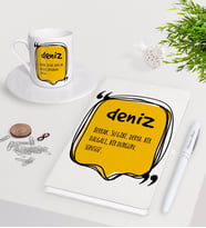 BK Gift Kişiye Özel İsim Anlamı Beyaz Defter Kalem Türk Kahvesi Fincanı Seti-2 (Model 1)
