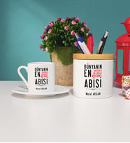 Abi Tasarımlı Kişiye Özel Hediye Abi Türk Kahvesi Fincanı ve Kalemlik Hediye Seti
