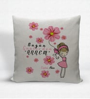 BK Gift Kişiye Özel Bugün Günlerden Annem Dekoratif Keten Yastık - 2 (Bej)