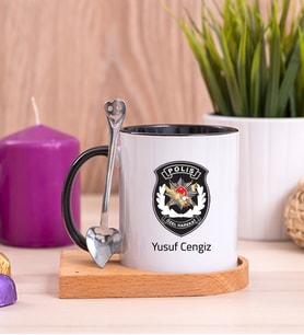 Özel Harekat Polisi Ahşap Altlıklı Siyah Kupa Bardak