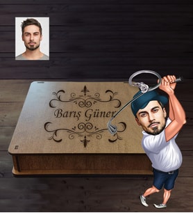 Kişiye Özel Golfçü Karikatürlü  Ahşap Anahtarlık Kutulu Bay-2