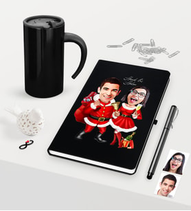 BK Gift Kişiye Özel Sevgililer Karikatürlü Siyah Defter Kalem Termos Mug Seti - 3 (Model 2)
