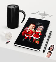 BK Gift Kişiye Özel Sevgililer Karikatürlü Siyah Defter Kalem Termos Mug Seti - 3 (Model 2)