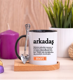 Arkadaş Kelime Anlamı Ahşap Altlıklı Siyah Kupa Bardak