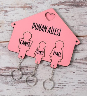 Üç Kişilik Aileye Özel Pembe Anahtarlık Askısı