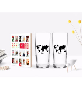 BK Gift Kişiye Özel Renkli Baskılı Dünya Haritalı İkili Rakı Bardağı ve Rakı Cep Kitabı Hediye Seti-1 (Model 1)