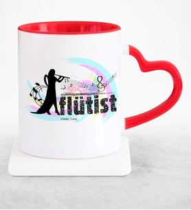 BK Gift Kişiye Özel Mesleki Flütist Kırmızı Kalpli Kupa Bardak  3