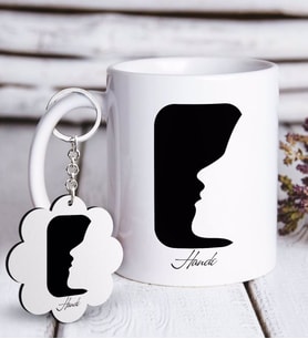BK Gift Kişiye Özel Yüz Siluet Beyaz Kupa ve Anahtarlık Hediye Seti-2 (Model 1)
