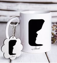 BK Gift Kişiye Özel Yüz Siluet Beyaz Kupa ve Anahtarlık Hediye Seti-2 (Model 1)