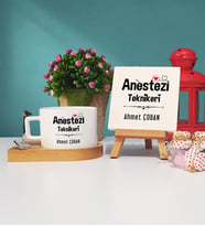 Anestezi Teknikeri Tasarımlı Kişiye Özel Hediye Anestezi Teknikeri Ahşap Altlıklı Fincan ve Dekoratif Taş Baskı Seti