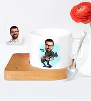 BK Gift Kişiye Özel Gitarist Karikatür Ahşap Altlıklı Seramik Fincan  1