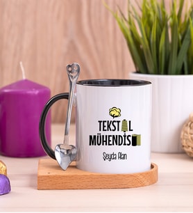 Tekstil Mühendisi Ahşap Altlıklı Siyah Kupa Bardak