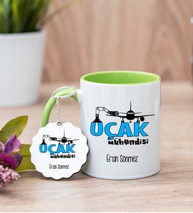 Uçak Mühendisi Yeşil Kupa Bardak Ve Anahtarlık Set