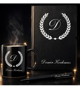 Sevgiliye Hediye Kişiye Özel Olarak Hazırlanmış Siyah Defter Kupa Kalem Seti