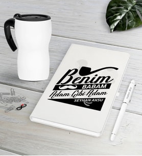 BK Gift Kişiye Özel Babam Adam Gibi Adam Beyaz Defter Kalem Termos Mug Seti (Model 1)