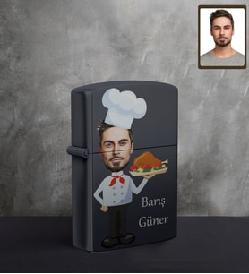 Kişiye Özel Aşçı Karikatürlü UV Baskılı Siyah Benzinli Çakmak Bay-2