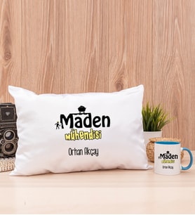 Maden Mühendisi Dikdörtgen Yastık ve Mavi Kupa Bardak