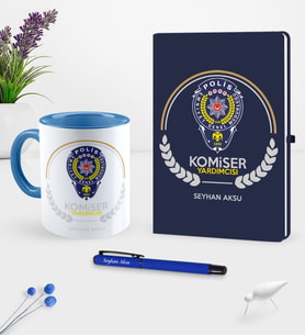 BK Gift Kişiye Özel Komiser Yrd. Temalı Lacivert Defter Kalem Kupa Seti - 2 (Model 1)