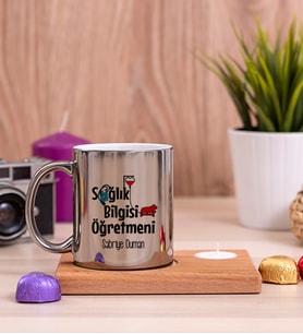 Sağlık Bilgisi Öğretmeni Ahşap Altlıklı Mumlu Silver Kupa Bardak