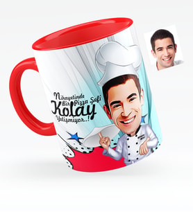 BK Gift Kişiye Özel Bay Pizza Şefi Karikatürlü Kırmızı Kupa Bardak  1