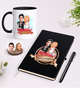 BK Gift Kişiye Özel Yılın En Mükemmel Çifti Karikatürlü Siyah Defter Kalem ve Kupa Seti-75 (Model 1)