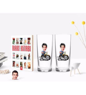 BK Gift Kişiye Özel Renkli Baskılı Erkek Karikatürlü İkili Rakı Bardağı ve Rakı Cep Kitabı Hediye Seti-54 (Model 1)