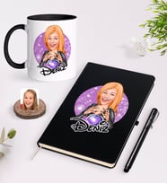 BK Gift Kişiye Özel Kadın Astrolog Karikatürlü Siyah Defter Kalem ve Kupa Seti-1 (Model 1)