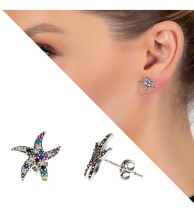 Multicolor Zirkon Taşlı Deniz Yıldızı Tasarım 925 Ayar Gümüş Kadın Küpe
