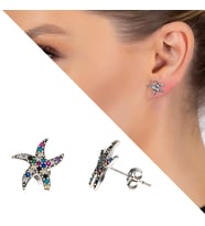Multicolor Zirkon Taşlı Deniz Yıldızı Tasarım 925 Ayar Gümüş Kadın Küpe