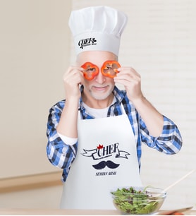 BK Gift Kişiye Özel Chef Erkek Mutfak Önlüğü ve Aşçı Şapkası Seti-1 (Beyaz)