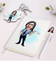 BK Gift Kişiye Özel Kadın Polis Karikatürlü Beyaz Defter Kalem ve Anahtarlık Hediye Seti (Model 1)