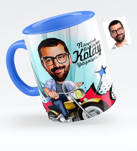 BK Gift Kişiye Özel Bay Motorcu Karikatürlü Mavi Kupa Bardak  1
