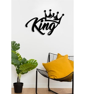 Yatık King Yazısı ve Taç Duvar Oda Ev Aksesuarı Ahşap Tablo 50x33cm (Siyah)