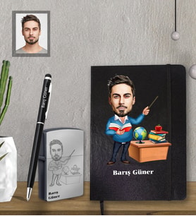 Kişiye Özel Öğretmen Karikatürlü  Siyah Defter Kalem Çakmak Hediye Seti  Bay-1 (Model 1)