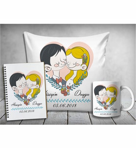Kişiye Özel Çifte Kumrular Sevgili Yastık & Kupa & Defter