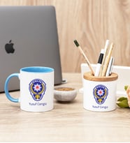 Polis Amblemli Mavi Kupa Bardak Ve Kalemlik Hediye Seti
