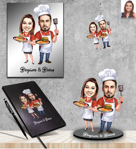 Kişiye Özel Aşçı Sevgili Karikatürlü 5 li Hediye Seti Model-2