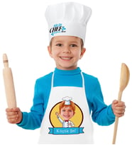 BK Gift Kişiye Özel Küçük Chef Karikatürlü Erkek Çocuk Mutfak Önlüğü Aşçı Şapkası Seti-5 (Beyaz)