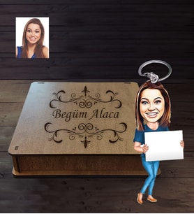 Kişiye Özel Bayan Karikatürlü Ahşap Anahtarlık Kutulu Model-11